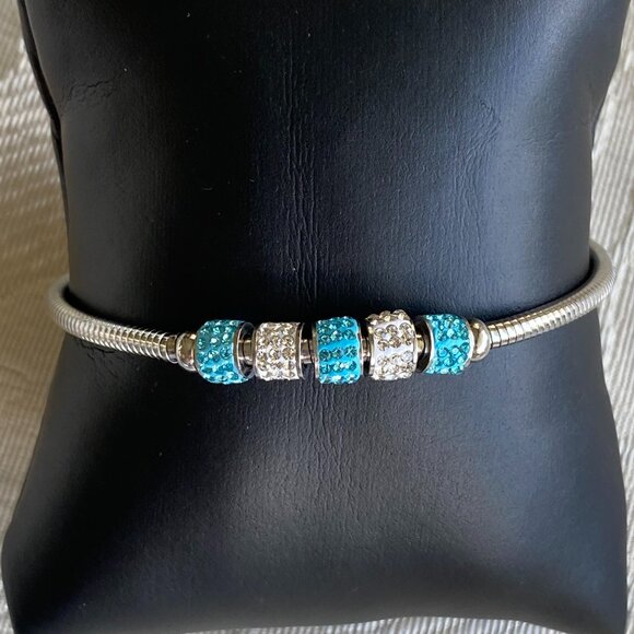 Silver Tone Aqua Blue Clear Swarovski Crystal Bracelet - Picture 1 of 6